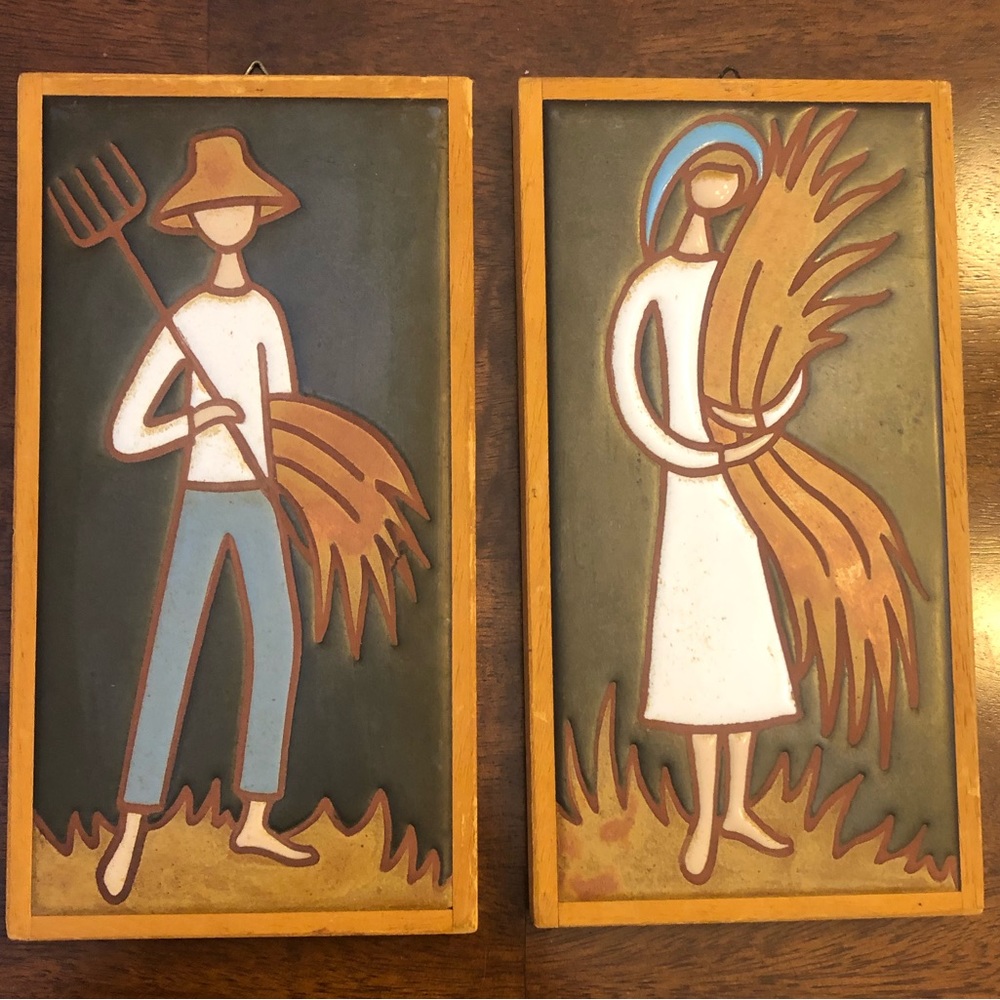 Handmade in Greece Framed Pottery tiles - girl / boy farmerunsigned, GUC